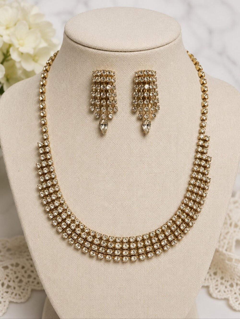 Vintage Signed Kramer of New York Austrian Glass Necklace & Matching Earrings.